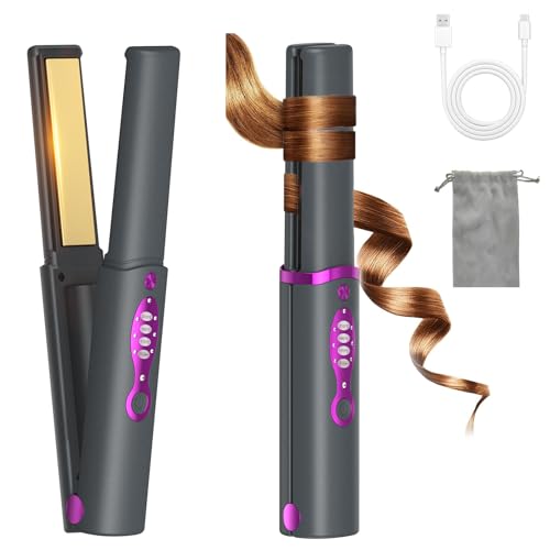 OBEST Plancha de Pelo Inalámbrica, Rizador sin Cable 2 en 1, Mini Plancha de Pelo Portátil de Viaje con Titanio,Calor Rápido,Recargable Tipo C,3 Temperaturas Ajustables