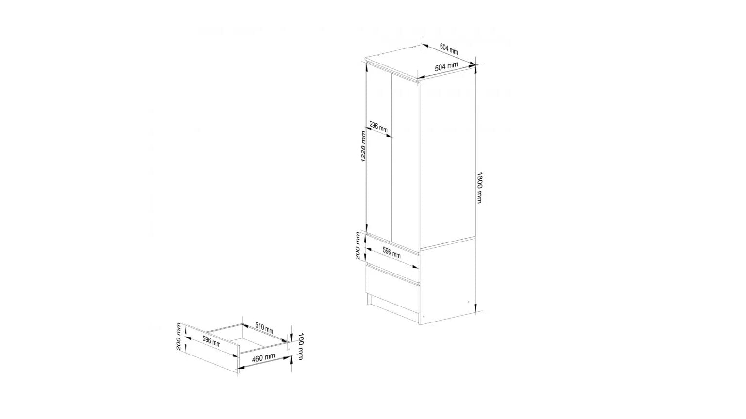 BDW Armadio a 2 ante, 2 cassetti, armadio per camera da letto, soggiorno, corridoio, 180 x 60 x 51 cm
