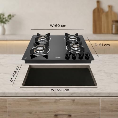 Image of Glen Hob 4 Burner Built In Hob Top 60 cm | Auto Ignition | 8 MM Thick Toughened Glass Top Black | Double Ring Forged Brass Burners 2 years standard & 5 years glass Warranty BH1064ROHTDB