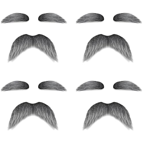 Shzbtdo 4 Pack Gray Mustache and Eyebrows Funny Haloween Costumes for Adults Self-Adhesive Old Man Costumes Accessories for Halloween Cosplay Book Character School Dress-Up