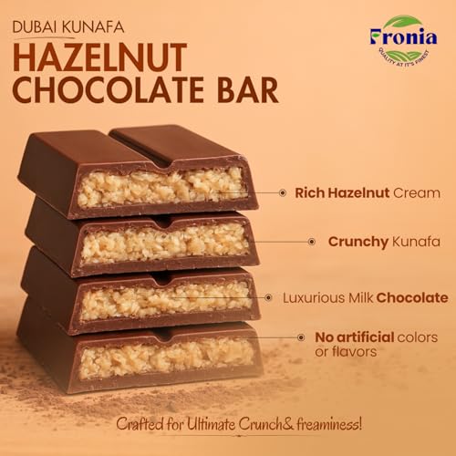 Image of Fronia Kunafa Chocolate Bar Dubai Style - Hazelnut Kunafa Chocolate Dessert, Milk Chocolate with Creamy Hazelnut Filling & Crunchy Kunafa Layers | 100g