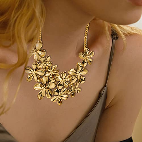 Classyzint Shiny Gold Flower Statement Necklace For Women Short Chunky Collar Necklace Gold Floral Bib Necklace Jewelry #TOP2