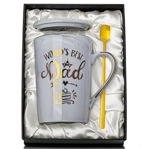Christmas Birthday Gifts for Dad from Daughter Son – World’s Best Dad – Daddy Mug with Gold Print, Funny Fathers Day Presents, 14Oz Grey Ceramic Gold Print Coffee Cup, Lid Spoon Card, Nice Gift Boxed