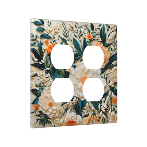 Decorative Outlet Covers Rustic Big Flowers Abstract Floral 2 Gang Wall Plate Cover Double Duplex Receptacle Two Switch Light Switch Cover Plate Jumbo Dual Faceplate for Bedroom Decor