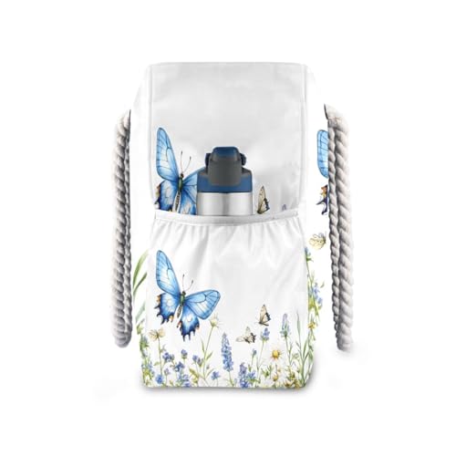 Beach Bag - Large Tote Bags for Women Blue Butterfly Flowers Shoulder Bags Zipper Waterproof Sandproof for Travel Gym Swim Daily3