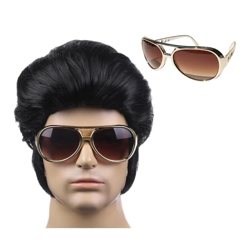 Peluca Elvis Hombre Adulto+Gafas Elvis,Peluca Rockero, Accerosio Rockero, Accesorio Disco,Peluca Hombre Corto Negro Años 70 50 (Peluca Negro+Gafa Oro)