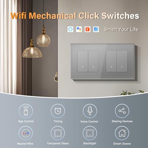 BSEED Lichtschalter Glas Smart WiFi Wechselschalter Compatibel mit Google Home und Alexa Neutrale Leitung Ben&ouml;tigt, 2 Fach 1 Weg, 157mm Grau