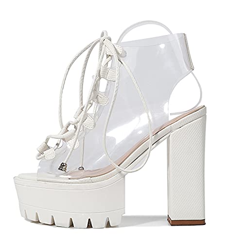 Usyfakgh Women Work Boots Women Ladies Transparent Sqaured Heel Platform Peep Toe Lace Up Boots Shoes Backpacking Boot White #TOP6