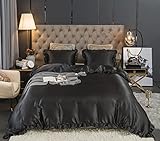 Black Silk Satin Bedding Luxury Sateen Duvet Cover Sets Shabby Chic Ruffle Design Black Ruffled...