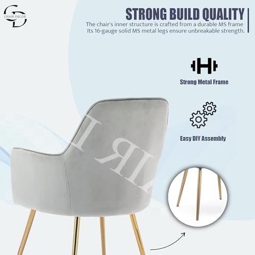 Image of Velvet Accent Chair with Matching Pouffe & Floral Cushion | Modern Upholstered Armchair with Gold Metal Legs | Lounge Chair for Living Room, Bedroom, Office, Guest Room (Light Grey)