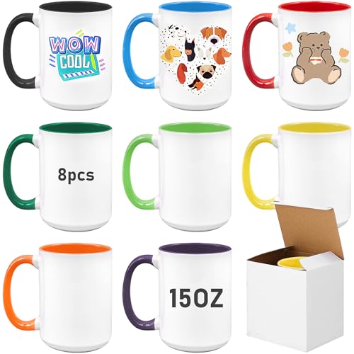 JTKDG 450 ml Sublimation Blanko-Kaffeetassen Weiße Porzellantasse 15oz Kaffeebecher mit farbigem Henkel 8 Farben Set mit 8 Stück