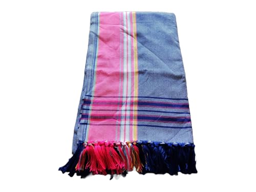Unisex African Kikoy Scarf, Sarong, Wrap, Throw - 100% Cotton, Handmade Tassels, Multi-Use Beach Cover-Up, Picnic Blanket, & More - Faded Blue with Pink border.