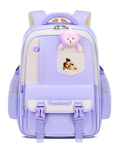 Amythe Schulranzen Mädchen 2-5. Klasse, Atmungsaktiv Leichte Kinderrucksack, 24L Ergonomischer Schultasche für Mädchen Grundschule Mit Süßen Anhänger, Lässiger Schulrucksack, Lila