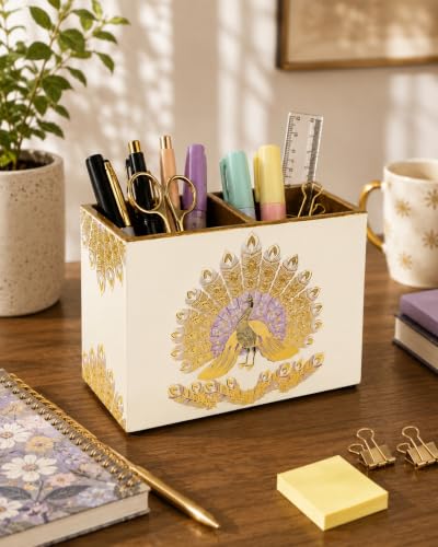 Image of DULI Multipurpose Stand, Cutlery Holder, Spoon Stand, Table Organizer with 2 Sections, Chammach Stand (10cm x 15cm) (MCDPSDbl-PurplePeacock)