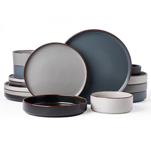 Image of Famiware Nebula Ridge Stoneware Dinnerware Sets with Pasta Bowls, Plates and Bowls Sets, Service for 4 (16 Pieces), Microwave and Dishwasher Safe Kitchen Plates, Multi-color