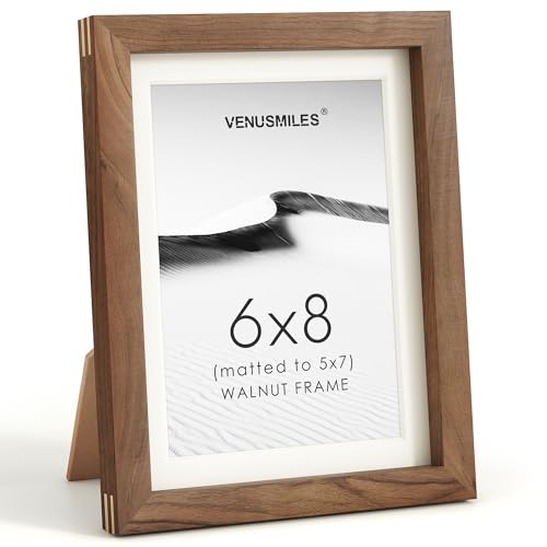 Image of 6x8 Picture Frame, USA-Sourced Natural Walnut Wood Photo Collage Frame with HD Tempered Glass, Modern Simple 6 x 8 Wooden Frame Matted to 5x7, Gallery Wall Frames for Art, Wall or Tabletop Display