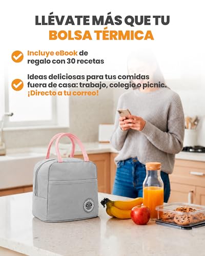 Miniatura 6 de Unycos - Bolsa Térmica Porta Alimentos 7l Nevera Portátil Con Aislamiento, Lunch Box Impermeable, Hermética E Isotérmica, Porta Fiambrera Para Almuerzo, Oficina, Viaje, Pícnic O Colegio Gris Rosa