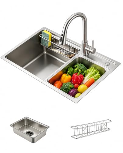 Baollansa Fregadero de Cocina de Acero Inoxidable 68x46 cm, 1 Cubeta con Sifón, Desbordamiento y Accesorios de Vaciado, Fregadero Moderno Multifuncional para Encimeras  80 cm (Plateado)