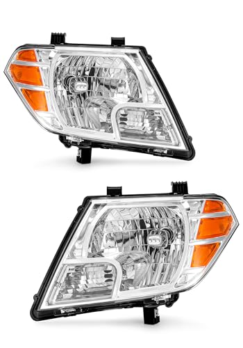 AXLAHA fit 09 10 11 12 13 14 15 16 17 18 19 20 21 Nissan Frontier 4door Sedan Headlight Assembly Compatible with 2009-2021 Frontier Chrome Housing Headlamp Amber Reflector Halogen L&R Sides(W/O Bulbs)