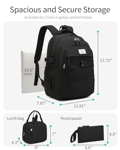 Image of Teen Girls Boys Backpack Aesthetic School Bag with Lunch Box, Laptop Backpack Bookbag for High School College Women Men, Black 3pcs