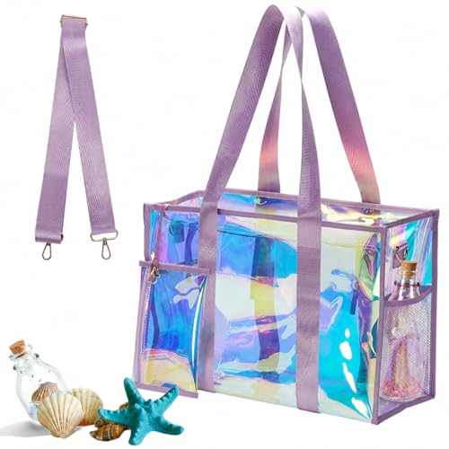 GoldSuccess Iridescent Beach Bag Made of Premium TPU Pool Tote Bag for Women/Girl 26L Waterproof Clear Jelly Zipper Tote Purple Bag for Resort Cruise Vacation Crossbody