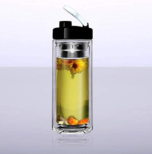 Sun's Tea (Tm 18oz Ultra Clear Spill-proof Strong Double-wall 3-Piece Borrosilicate Glass Tea Tumbler with Strainer (drinkhole lid)