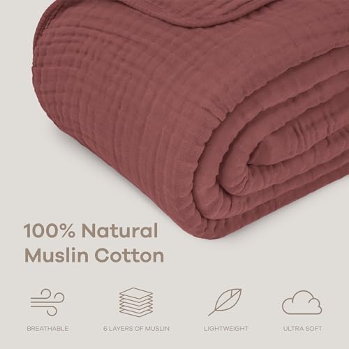 Image of Comfy Cubs Muslin Throw Blanket - 50 inch x 60 inch Quilted Design - Lightweight, Breathable 6-Layer Gauze Fabric - Soft Cotton Blanket for Home or Travel - Packaged in Elegant Gift Box - Wine