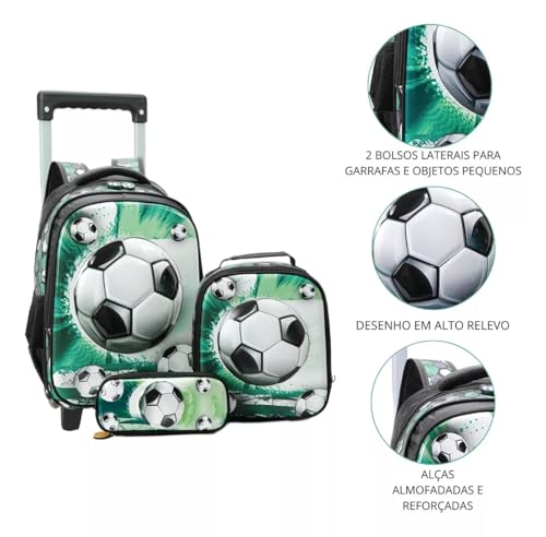 Kit Mochila Escolar Infantil com Rodinhas, Infantil Menino, Estampa de Futebol com Bolas 3D