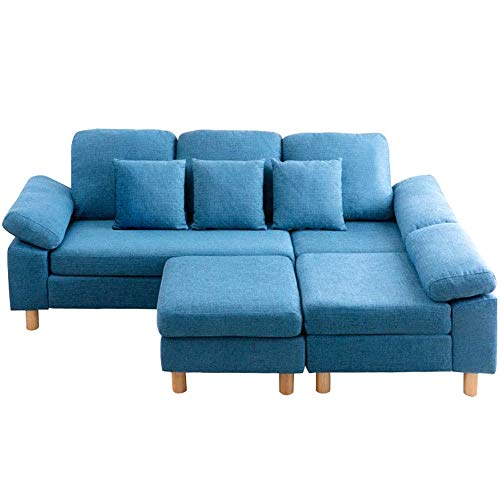 アイリスプラザ ソファ 3人掛け カウチソファ ふかふか レイアウト自由 クッション3個付き キズ防止シール付き (3人掛け+1人掛け+スツール) ブルー 3PCS-1980BU 幅198㎝