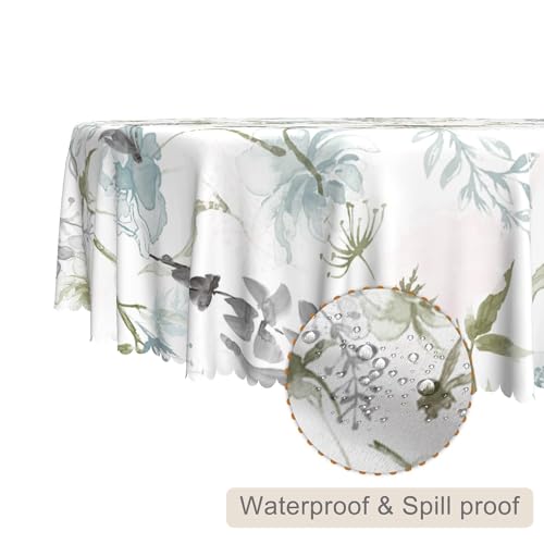 TTQYFNM Rustic Floral Round Tablecloth 24 Inch Watercolor Green Blue Grey Flower Botanical Plant Print Table Cloth Spill Proof and Oil Proof Fabric Table Cover for Kitchen Dining Room Home Decor by TTQYFNM - Used condition - Image 2