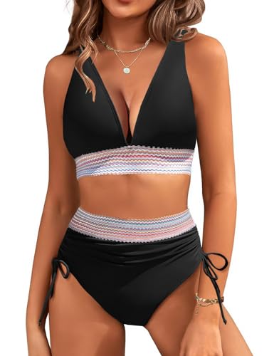 RITOSTA Bikinis Mujer Push Up Bañador Reductor Bikini Braga Alta Brasileño Trajes de Baño de Dos Piezas Bañadores Tallas Grandes Cuello en V Top con Relleno y Braguitas con Cordón (Negro,M)