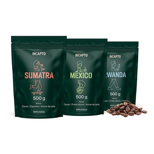 Incapto Pack de Cafés Exóticos | Café en Grano Natural de Especialidad | Orígenes - Ruanda, Sumatra y México | Specialty Coffee +80 puntos SCA | 3 paquetes de 500g