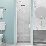 Bathenum 30 in.W x 72 in.H Bifold Frameless Glass Shower Door 1/4” Tempered Clear Glass Pivot Swing Shower Panel in Chrome Finish, Foldable