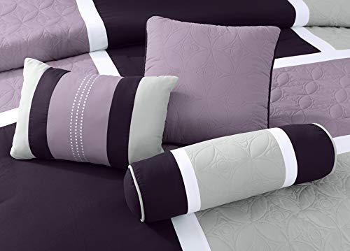Chezmoi Collection 7-Piece Quilted Patchwork Comforter Set, Queen, Lavender Purple - Thumbnail 4