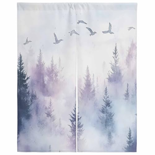 Lalirulero のれん 遮光 幅100x丈250cm おしゃれ 暖簾カーテン 間仕切り 仕切り 防寒 防音 目隠し 厚手 和風 出入り口 グッズ 寝室 玄関 キッチ リビング 春夏秋冬 鳥 木 自然 曇り空 冬