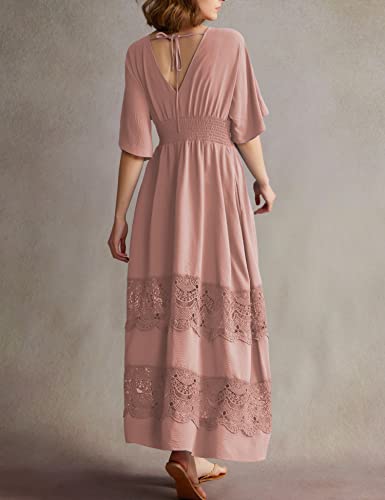 Image of Olaesa Boho Maxi Dress V Neck Short Sleeve Lace Smocked Waist Flowy Dress | Wedding Guest Dress with Pockets, Summer Bohemian Vacation Dress, Elegant Party Dress for Family photo& Baby Shower