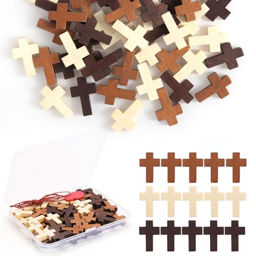 Gtudkae 1 Box 50 PCS Small Wooden Cross 3 Colors, Natural Pocket Prayer Crosses Pendants for Christian Gift, DIY Handmade Decorative Crosses Charms for Crafts, Easter Eggs Fillers (50)