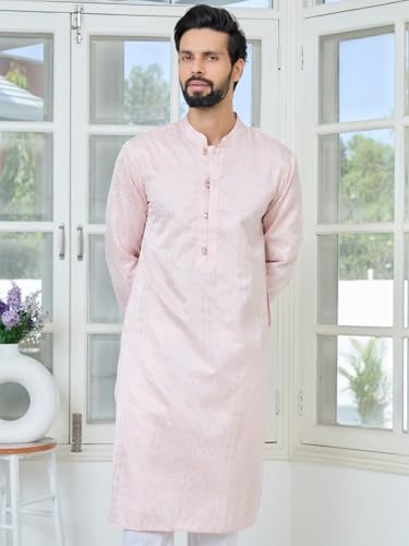 Image of See Designs Men's Full Sleeve Mandarin Collar Floral Embroidered Mandarin Collar Thread Work Straight Long Kurta - Festive Collection