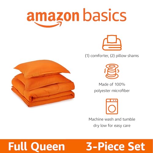 Image of Amazon Basics 3-Piece Soft, All-Season Microfiber Kid's Comforter and Pillow Sham Set, Full /Queen, Bright Orange, Solid