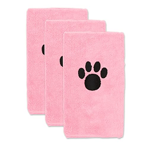 Image of Bone Dry Pet Grooming Towel Collection Embroidered Absorbent Microfiber Drying Set, 15x30, Pink, 3 Count