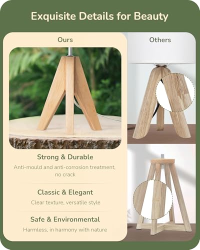EDISHINE 36cm Bedside Lamp, Wood Tripod Table Lamp with Bean Green Linen Lampshade, ON/Off Switch, Desk Lamp for Living Room Bedroom, E27 Base, 2700K LED Bulb Included - Image 3