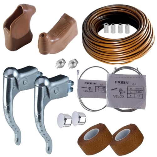 cyclingcolors AU CHOIX : KIT LEVIER DE FREIN + REPOSE MAIN COCOTTE + GAINE TEFLON + CABLE + BOUCHON GUIDON VELO CYCLE MARRON VINTAGE RETRO (Kit complet)