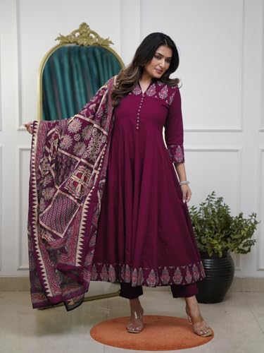 Image of GoSriKi Women's Rayon Viscose Anarkali Printed Kurta Pant with Dupatta | Anarkali Kurta Set for Women | Flared Kurti Pant Set | Ethnic Printed Suit for Women