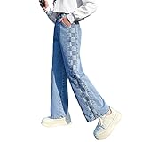 Rolanko Girls Baggy Jeans Elastic Wide Leg Denim Pants Plaid Patch Loose Trousers Kids Clothes (Checkerboard, 12-14)