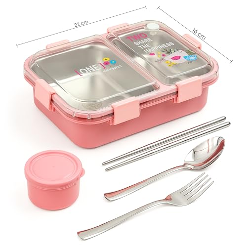 Image of Brand Conquer Lunch Box Leak-Proof BPA Free Stainless Steel for School, Lunch Box for School & Office with a Fork, a Spoon and a Pair of Chopsticks (Classic Pink, Happiness Lunch Box 2 Compartment)