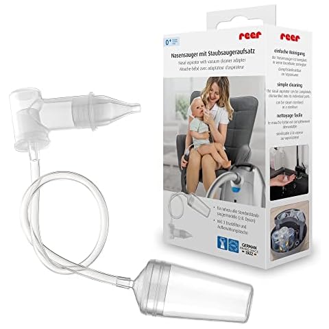 reer Nasensauger mit Staubsauger-Aufsatz für alle herkömmlichen Modelle außer Vorwerk, dampfsterilisierbar, mit Aufbewahrungsbox und 3 Filtern, fürs Baby Cover