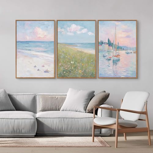 Rantodecor Impressionist Framed Canvas Wall Art, Vintage Italy Coastal Sailboat Wall Decor, Light Blue and White Posters Art Prints, Pastel Beach House Artwork for Bedroom Living Room Office 16"x24"x3 by Rantodecor - Used condition - Image 3