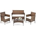 DUMOS Patio Furniture Set 4 Pieces, Outdoor Wicker Furniture with Coffee Table, Modern Rattan Patio Chairs Conversation Sets with Sofa for Garden, Terrace, Porch, Balconies, Lawns, Brown