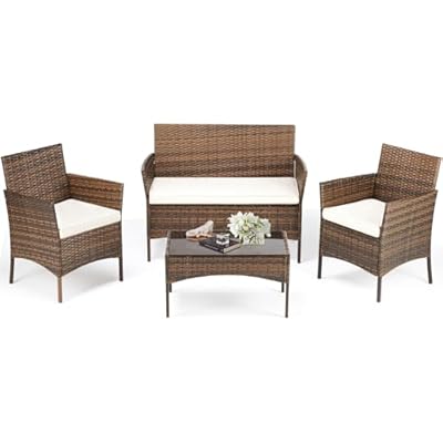 DUMOS Patio Furniture Set 4 Pieces, Outdoor Wicker Furniture with Coffee Table, Modern Rattan Patio Chairs Conversation Sets with Sofa for Garden, Terrace, Porch, Balconies, Lawns, Brown
