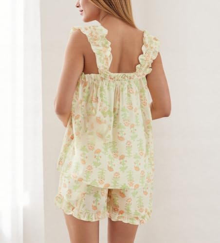 Image of ROAONOCOMO Women Floral Pajama Set Ruffle Babydoll Cami Top Coquette Pj Set Gingham 2 Piece Shorts Outfit Bridal Loungewear